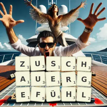 Kreative Illustration für ein Scrabble-Spiel, bei dem das Wort ZUSCHAUERGEFÜHL mit Steinen auf dem Brett gelegt wurde.