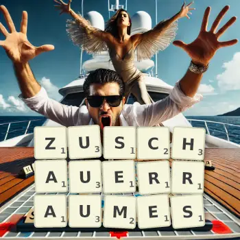 Kreative Illustration für ein Scrabble-Spiel, bei dem das Wort ZUSCHAUERRAUMES mit Steinen auf dem Brett gelegt wurde.