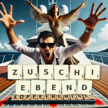 Kreative Illustration für ein Scrabble-Spiel, bei dem das Wort ZUSCHIEBEND mit Steinen auf dem Brett gelegt wurde.