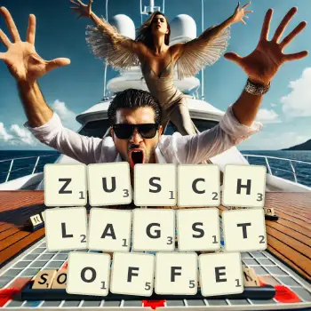 Kreative Illustration für ein Scrabble-Spiel, bei dem das Wort ZUSCHLAGSTOFFE mit Steinen auf dem Brett gelegt wurde.