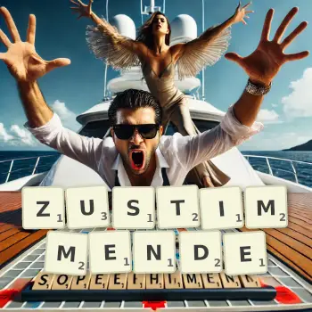 Kreative Illustration für ein Scrabble-Spiel, bei dem das Wort ZUSTIMMENDE mit Steinen auf dem Brett gelegt wurde.