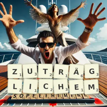 Kreative Illustration für ein Scrabble-Spiel, bei dem das Wort ZUTRÄGLICHEM mit Steinen auf dem Brett gelegt wurde.