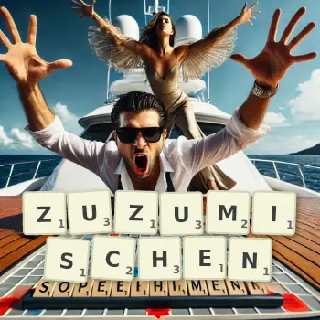 Kreative Illustration für ein Scrabble-Spiel, bei dem das Wort ZUZUMISCHEN mit Steinen auf dem Brett gelegt wurde.