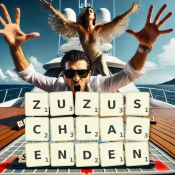 Kreative Illustration für ein Scrabble-Spiel, bei dem das Wort ZUZUSCHLAGENDEN mit Steinen auf dem Brett gelegt wurde.