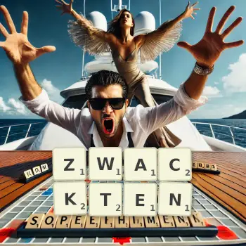 Kreative Illustration für ein Scrabble-Spiel, bei dem das Wort ZWACKTEN mit Steinen auf dem Brett gelegt wurde.