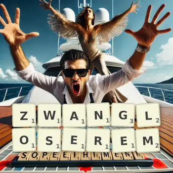 Kreative Illustration für ein Scrabble-Spiel, bei dem das Wort ZWANGLOSEREM mit Steinen auf dem Brett gelegt wurde.