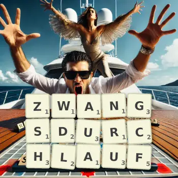 Kreative Illustration für ein Scrabble-Spiel, bei dem das Wort ZWANGSDURCHLAUF mit Steinen auf dem Brett gelegt wurde.