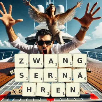Kreative Illustration für ein Scrabble-Spiel, bei dem das Wort ZWANGSERNÄHREN mit Steinen auf dem Brett gelegt wurde.