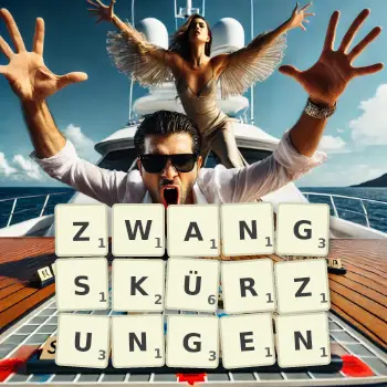 Kreative Illustration für ein Scrabble-Spiel, bei dem das Wort ZWANGSKÜRZUNGEN mit Steinen auf dem Brett gelegt wurde.