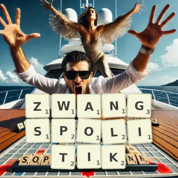 Kreative Illustration für ein Scrabble-Spiel, bei dem das Wort ZWANGSPOLITIK mit Steinen auf dem Brett gelegt wurde.