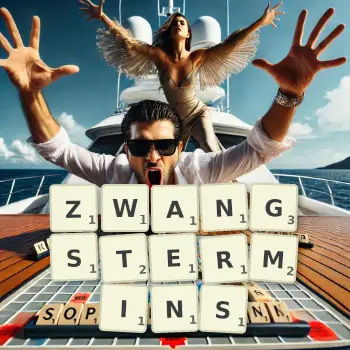 Kreative Illustration für ein Scrabble-Spiel, bei dem das Wort ZWANGSTERMINS mit Steinen auf dem Brett gelegt wurde.