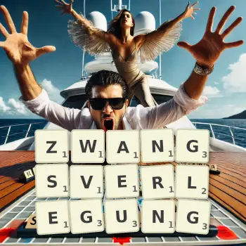 Kreative Illustration für ein Scrabble-Spiel, bei dem das Wort ZWANGSVERLEGUNG mit Steinen auf dem Brett gelegt wurde.