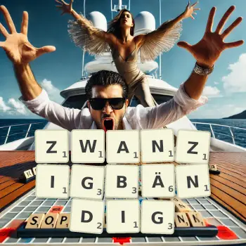Kreative Illustration für ein Scrabble-Spiel, bei dem das Wort ZWANZIGBÄNDIG mit Steinen auf dem Brett gelegt wurde.