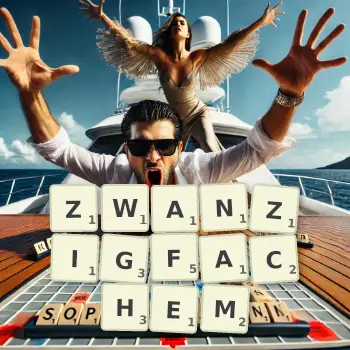 Kreative Illustration für ein Scrabble-Spiel, bei dem das Wort ZWANZIGFACHEM mit Steinen auf dem Brett gelegt wurde.
