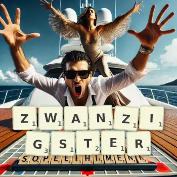 Kreative Illustration für ein Scrabble-Spiel, bei dem das Wort ZWANZIGSTER mit Steinen auf dem Brett gelegt wurde.
