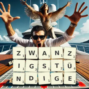 Kreative Illustration für ein Scrabble-Spiel, bei dem das Wort ZWANZIGSTÜNDIGE mit Steinen auf dem Brett gelegt wurde.