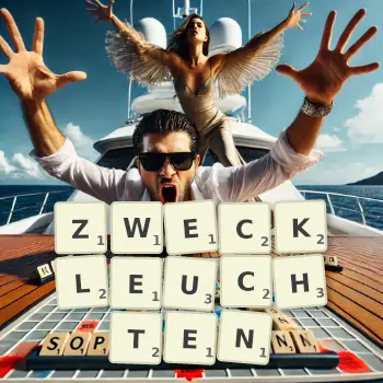 Kreative Illustration für ein Scrabble-Spiel, bei dem das Wort ZWECKLEUCHTEN mit Steinen auf dem Brett gelegt wurde.