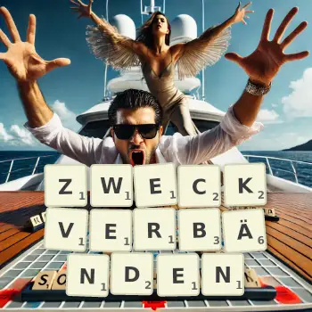 Kreative Illustration für ein Scrabble-Spiel, bei dem das Wort ZWECKVERBÄNDEN mit Steinen auf dem Brett gelegt wurde.