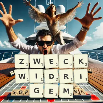 Kreative Illustration für ein Scrabble-Spiel, bei dem das Wort ZWECKWIDRIGEM mit Steinen auf dem Brett gelegt wurde.
