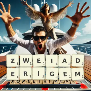 Kreative Illustration für ein Scrabble-Spiel, bei dem das Wort ZWEIADERIGEM mit Steinen auf dem Brett gelegt wurde.