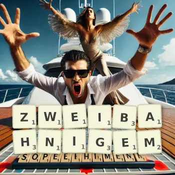 Kreative Illustration für ein Scrabble-Spiel, bei dem das Wort ZWEIBAHNIGEM mit Steinen auf dem Brett gelegt wurde.
