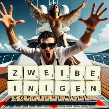 Kreative Illustration für ein Scrabble-Spiel, bei dem das Wort ZWEIBEINIGEN mit Steinen auf dem Brett gelegt wurde.