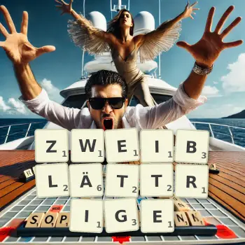 Kreative Illustration für ein Scrabble-Spiel, bei dem das Wort ZWEIBLÄTTRIGE mit Steinen auf dem Brett gelegt wurde.