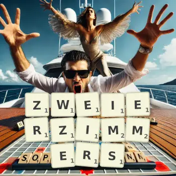 Kreative Illustration für ein Scrabble-Spiel, bei dem das Wort ZWEIERZIMMERS mit Steinen auf dem Brett gelegt wurde.