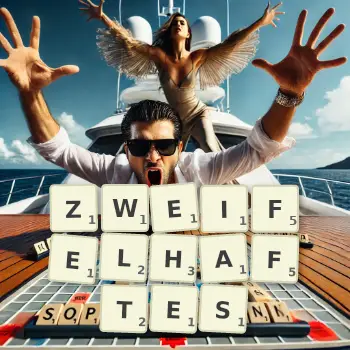 Kreative Illustration für ein Scrabble-Spiel, bei dem das Wort ZWEIFELHAFTES mit Steinen auf dem Brett gelegt wurde.