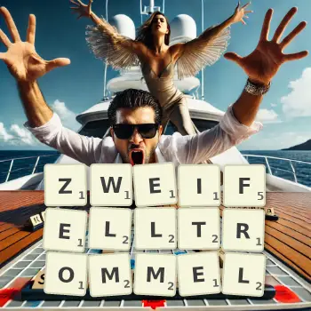 Kreative Illustration für ein Scrabble-Spiel, bei dem das Wort ZWEIFELLTROMMEL mit Steinen auf dem Brett gelegt wurde.