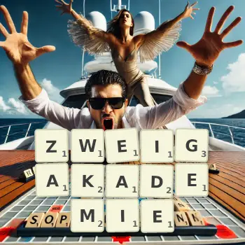 Kreative Illustration für ein Scrabble-Spiel, bei dem das Wort ZWEIGAKADEMIE mit Steinen auf dem Brett gelegt wurde.
