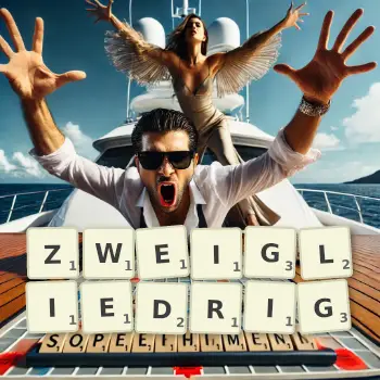 Kreative Illustration für ein Scrabble-Spiel, bei dem das Wort ZWEIGLIEDRIG mit Steinen auf dem Brett gelegt wurde.