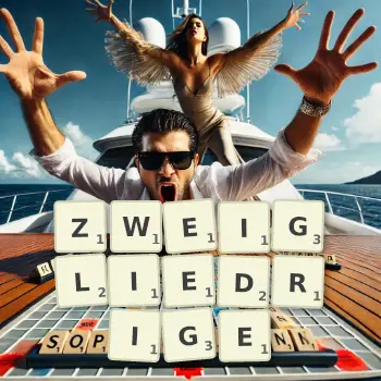 Kreative Illustration für ein Scrabble-Spiel, bei dem das Wort ZWEIGLIEDRIGE mit Steinen auf dem Brett gelegt wurde.