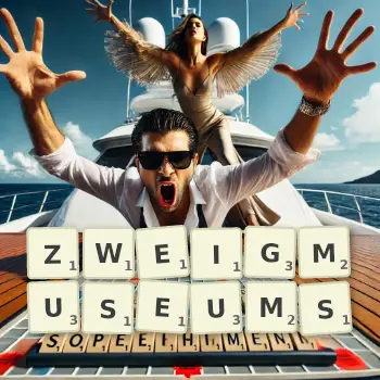 Kreative Illustration für ein Scrabble-Spiel, bei dem das Wort ZWEIGMUSEUMS mit Steinen auf dem Brett gelegt wurde.