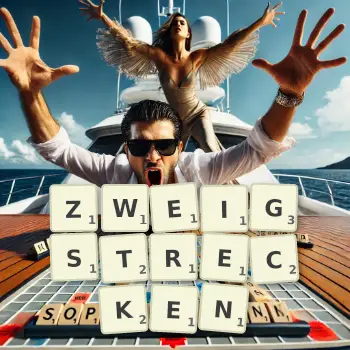 Kreative Illustration für ein Scrabble-Spiel, bei dem das Wort ZWEIGSTRECKEN mit Steinen auf dem Brett gelegt wurde.