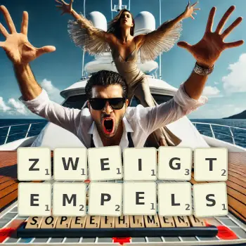 Kreative Illustration für ein Scrabble-Spiel, bei dem das Wort ZWEIGTEMPELS mit Steinen auf dem Brett gelegt wurde.