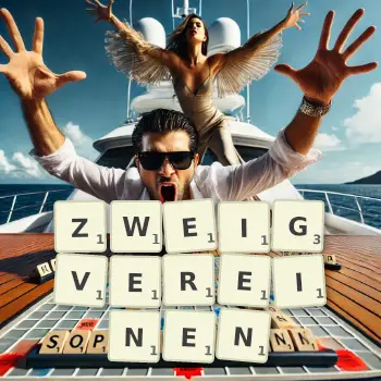 Kreative Illustration für ein Scrabble-Spiel, bei dem das Wort ZWEIGVEREINEN mit Steinen auf dem Brett gelegt wurde.
