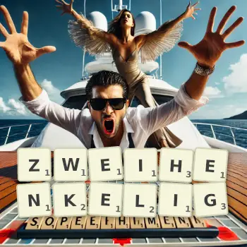 Kreative Illustration für ein Scrabble-Spiel, bei dem das Wort ZWEIHENKELIG mit Steinen auf dem Brett gelegt wurde.