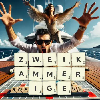 Kreative Illustration für ein Scrabble-Spiel, bei dem das Wort ZWEIKAMMERIGE mit Steinen auf dem Brett gelegt wurde.