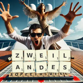 Kreative Illustration für ein Scrabble-Spiel, bei dem das Wort ZWEILANDES mit Steinen auf dem Brett gelegt wurde.