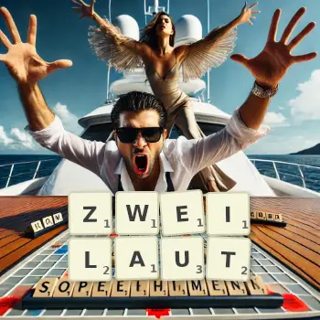 Kreative Illustration für ein Scrabble-Spiel, bei dem das Wort ZWEILAUT mit Steinen auf dem Brett gelegt wurde.