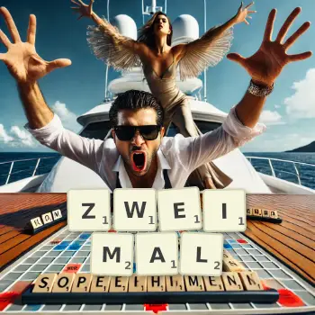 Kreative Illustration für ein Scrabble-Spiel, bei dem das Wort ZWEIMAL mit Steinen auf dem Brett gelegt wurde.