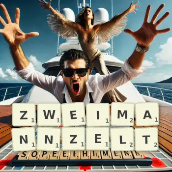 Kreative Illustration für ein Scrabble-Spiel, bei dem das Wort ZWEIMANNZELT mit Steinen auf dem Brett gelegt wurde.