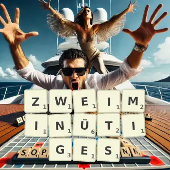 Kreative Illustration für ein Scrabble-Spiel, bei dem das Wort ZWEIMINÜTIGES mit Steinen auf dem Brett gelegt wurde.