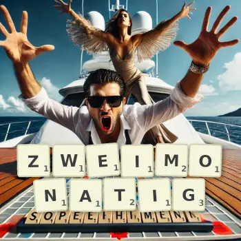 Kreative Illustration für ein Scrabble-Spiel, bei dem das Wort ZWEIMONATIG mit Steinen auf dem Brett gelegt wurde.