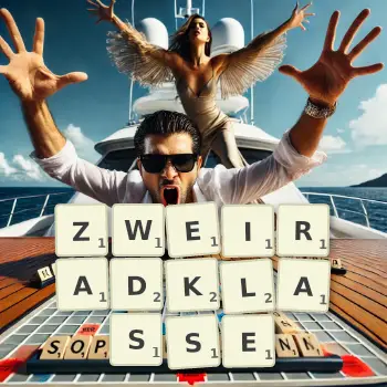 Kreative Illustration für ein Scrabble-Spiel, bei dem das Wort ZWEIRADKLASSE mit Steinen auf dem Brett gelegt wurde.