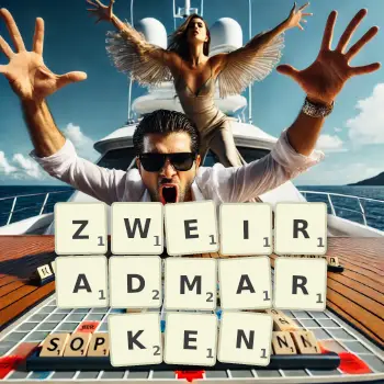 Kreative Illustration für ein Scrabble-Spiel, bei dem das Wort ZWEIRADMARKEN mit Steinen auf dem Brett gelegt wurde.