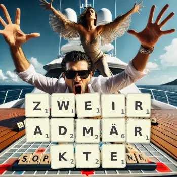 Kreative Illustration für ein Scrabble-Spiel, bei dem das Wort ZWEIRADMÄRKTE mit Steinen auf dem Brett gelegt wurde.