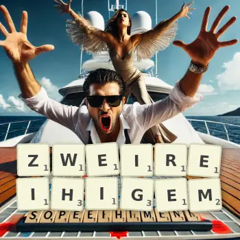 Kreative Illustration für ein Scrabble-Spiel, bei dem das Wort ZWEIREIHIGEM mit Steinen auf dem Brett gelegt wurde.