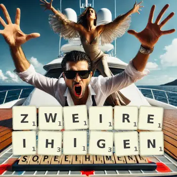 Kreative Illustration für ein Scrabble-Spiel, bei dem das Wort ZWEIREIHIGEN mit Steinen auf dem Brett gelegt wurde.
